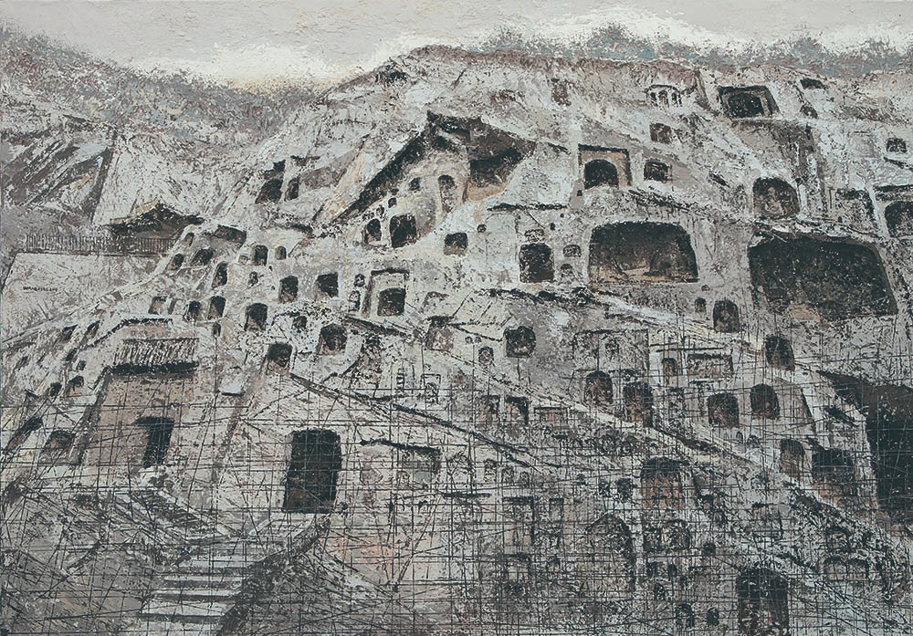 24《为西山石窟搭建脚手架》王霄 布面油画 130cm x 190cm 2018.jpg 24《为西山石窟搭建脚手架》王霄 布面油画 130cm x 190cm 2018.jpg