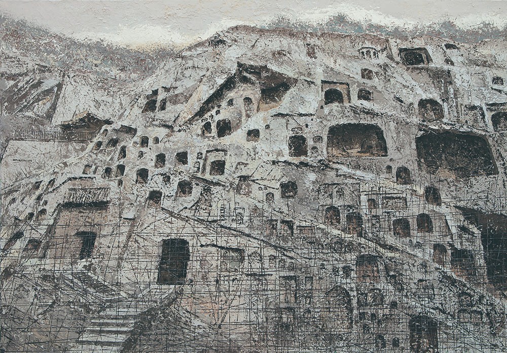 24《为西山石窟搭建脚手架》王霄 布面油画 130cm x 190cm 2018.jpg